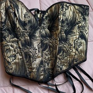 Black Gold Brocade Corset Bustier Lace Up Back Structured Top